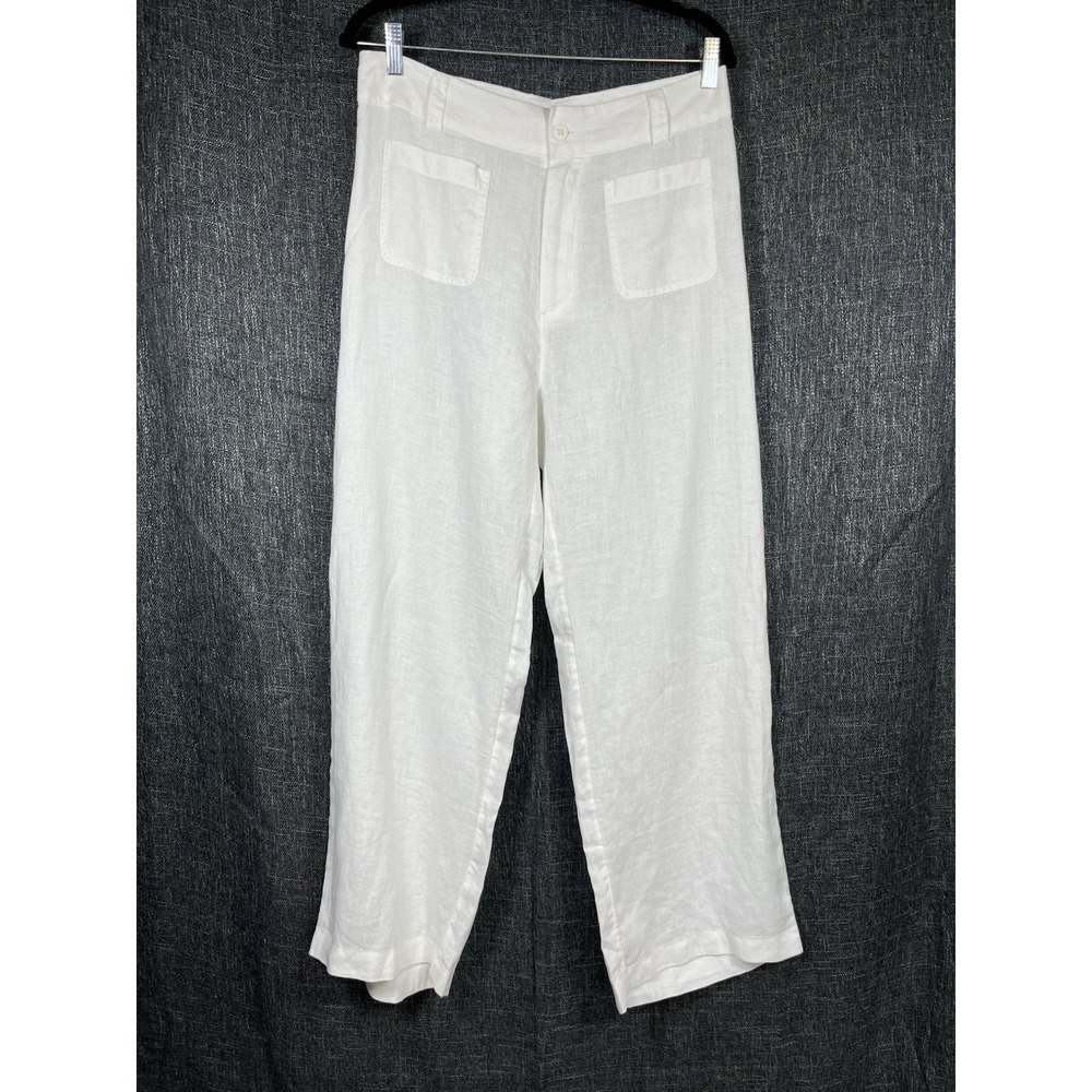 New NICOLE MILLER NY Sz 10 Pants 100% Linen White Wide Leg Front Pockets NWT